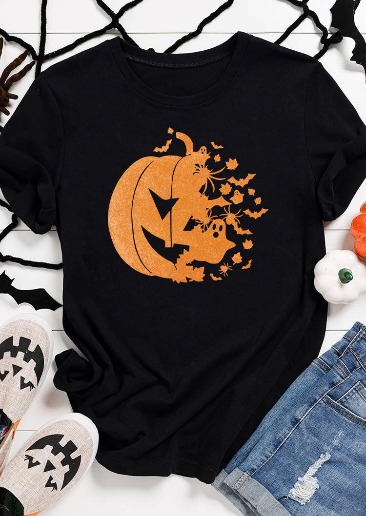 Halloween Pumpkin Face Boo Bat O-Neck T-Shirt Tee - Black