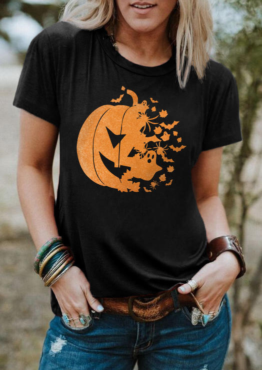 

Halloween Pumpkin Face Boo Bat O-Neck T-Shirt Tee - Black, SCM007686