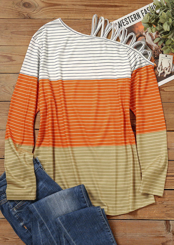 Color Block Striped One Sided Cold Shoulder Blouse
