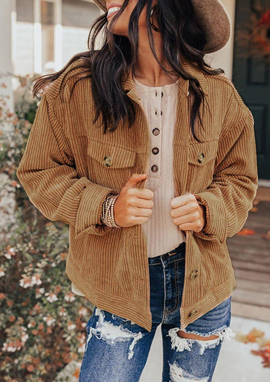 

Button Fake Pocket Lapel Corduroy Coat - Khaki, SCM006673