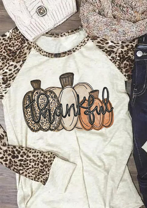 

Thankful Pumpkin Leopard O-Neck T-Shirt Tee - Apricot, SCM006756