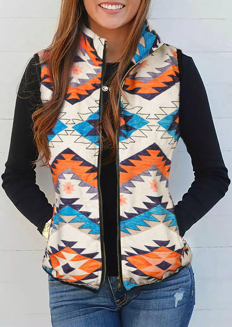 

Aztec Geometric Zipper Pocket Sleeveless Vest Coat, Multicolor, SCM006789