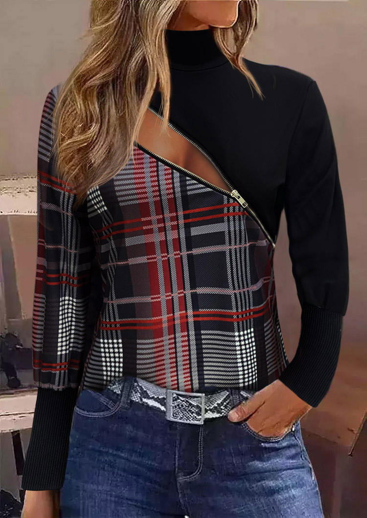 

Plaid Zipper Long Sleeve Turtleneck Blouse, Multicolor, SCM006859
