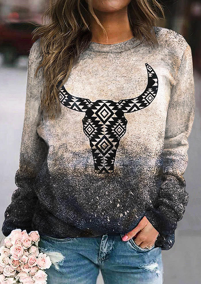 

Aztec Geometric Steer Skull Gradient Pullover Sweatshirt - Black, SCM007045