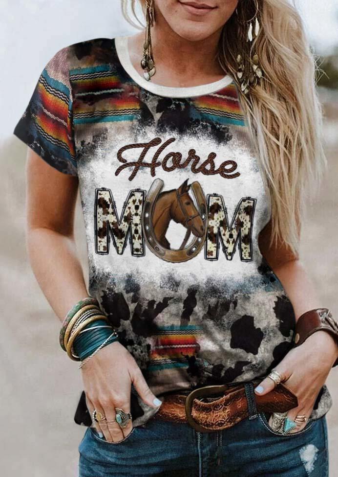 Horse Mom Cow Serape Striped Bleached O-Neck T-Shirt Tee