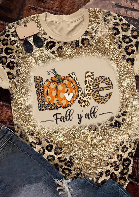

Love Fall Y'all Leopard Pumpkin Glitter T-Shirt Tee, Multicolor, SCM007086