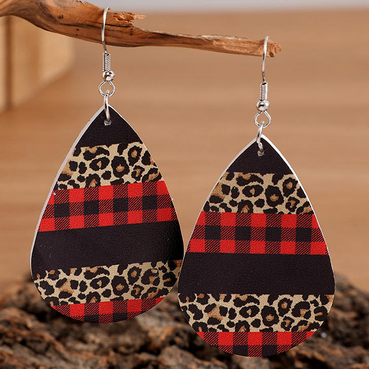 Leopard Plaid PU Leather Water Drop Earrings