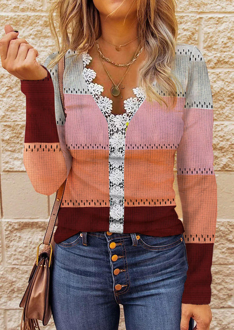 

Lace Splicing Color Block Blouse, Multicolor, SCM007149