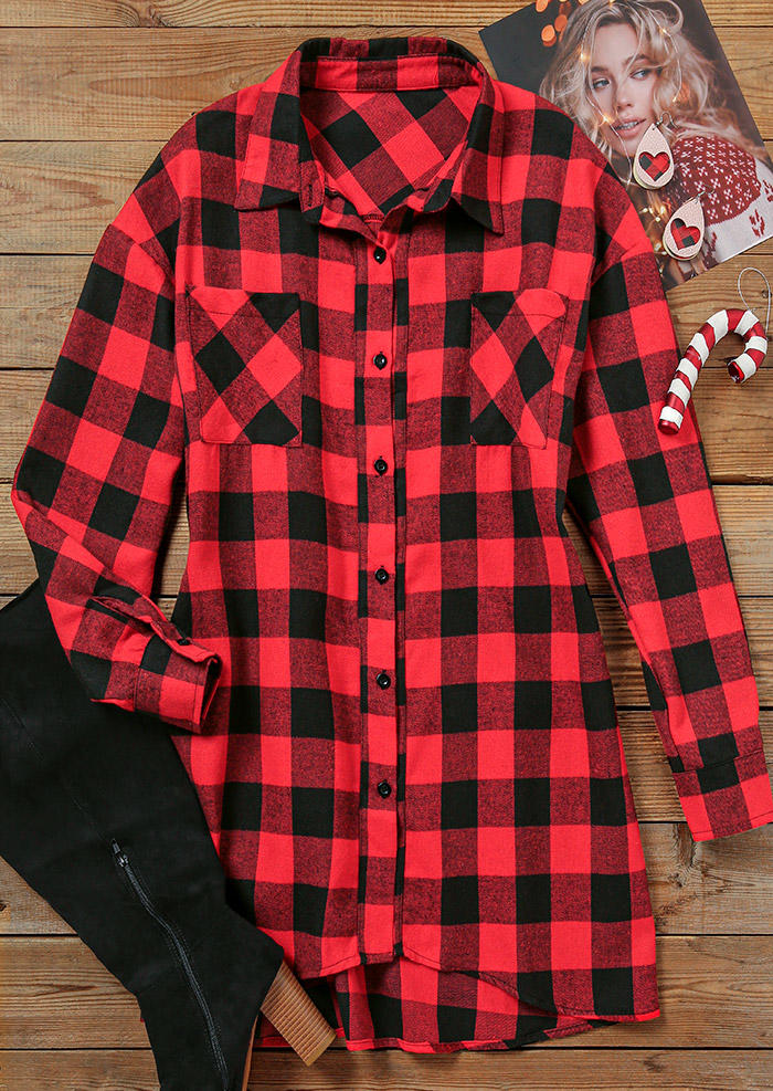 Buffalo Plaid Button Turn-Down Collar Shirt Mini Dress