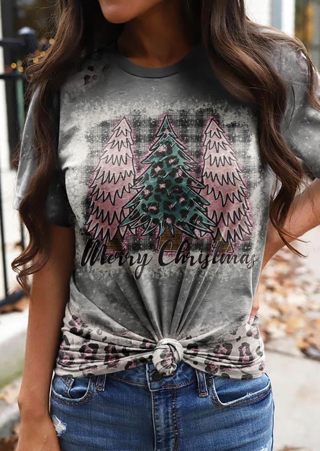 Merry Christmas Tree Leopard Plaid Bleached T-Shirt Tee - Gray