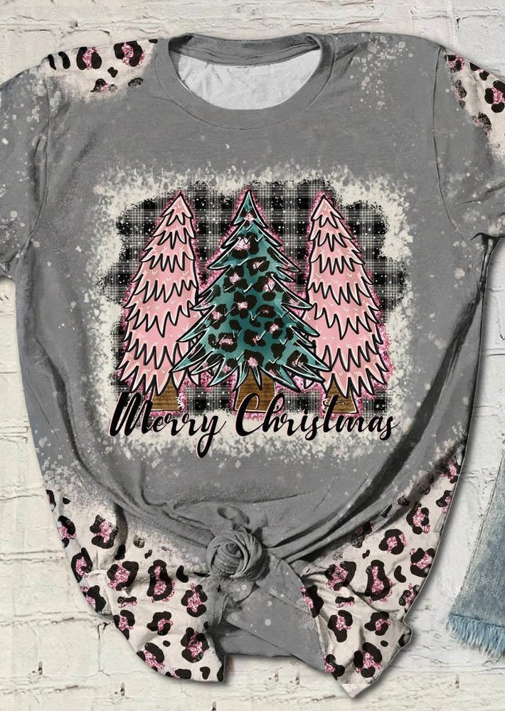 

Merry Christmas Tree Leopard Plaid Bleached T-Shirt Tee - Gray, SCM007229