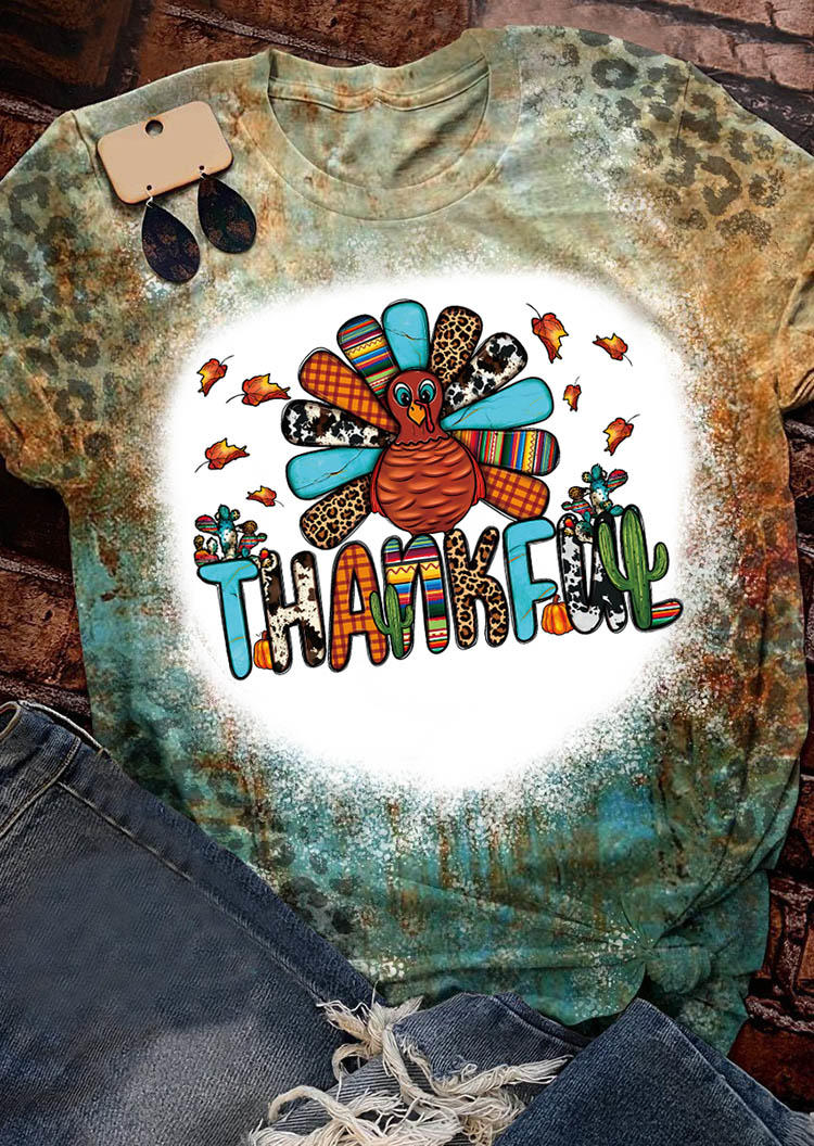 

Thanksgiving Turkey Serape Striped Leopard Cow Bleached T-Shirt Tee, Multicolor, SCM007230