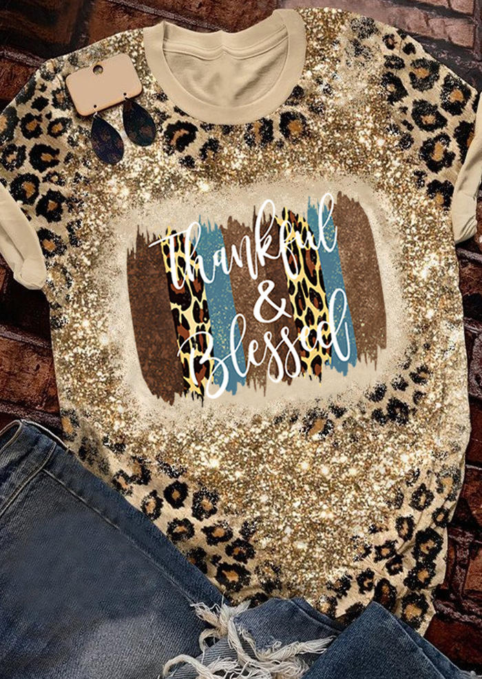 

Thankful & Blessed Glitter Leopard Bleached T-Shirt Tee, Multicolor, SCM007236