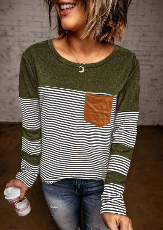 

Color Block Striped Pocket Long Sleeve Blouse, Multicolor, SCM007265