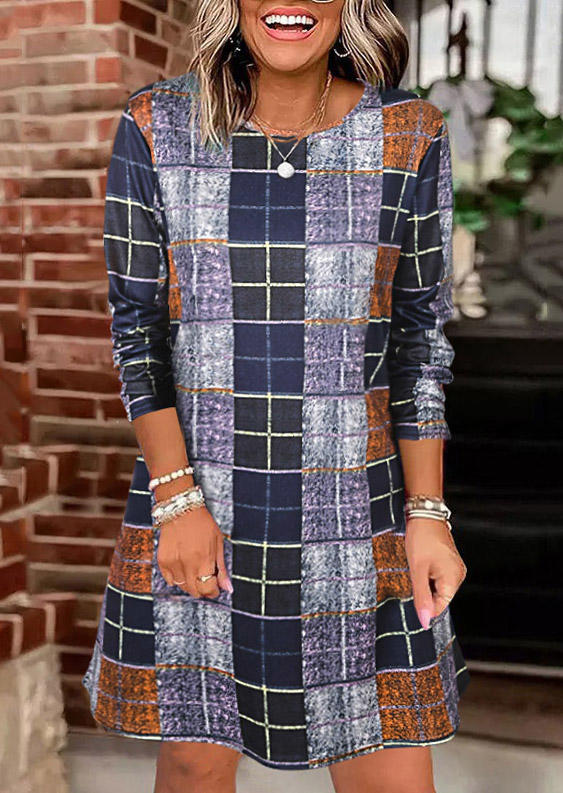 Plaid Long Sleeve O-Neck Mini Dress