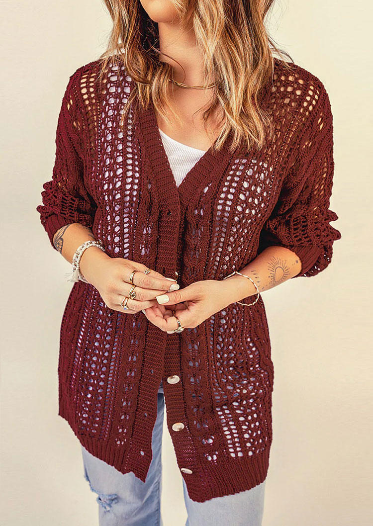 

Crochet Drop Shoulder Knitted Cardigan - Burgundy, Red, SCM007351