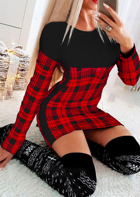 

Buffalo Plaid Long Sleeve Bodycon Dress - Red, SCM007387