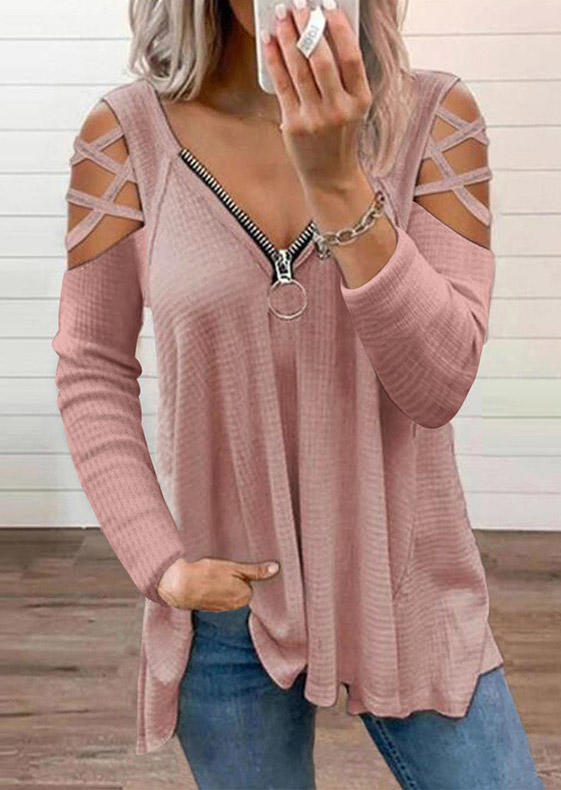 

Criss-Cross Waffle Zipper Collar Blouse - Pink, SCM007444