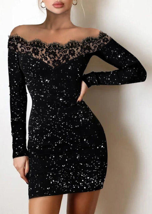 

Glitter Lace Splicing Off Shoulder Bodycon Dress - Black, SCM007449