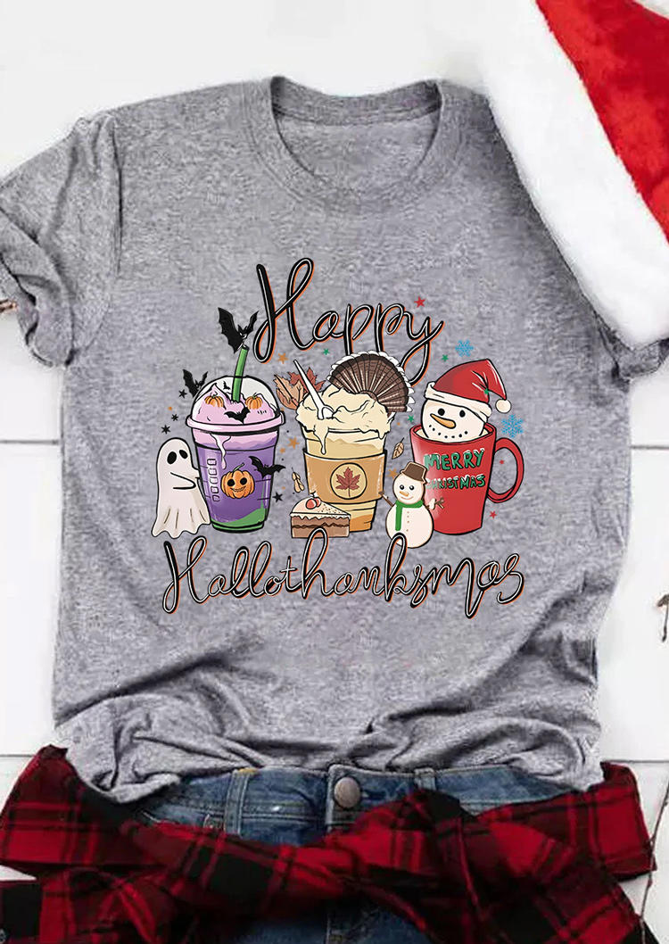 

Happy Hallothanksmas Coffee Ghost Pumpkin Face T-Shirt Tee - Gray, SCM007493