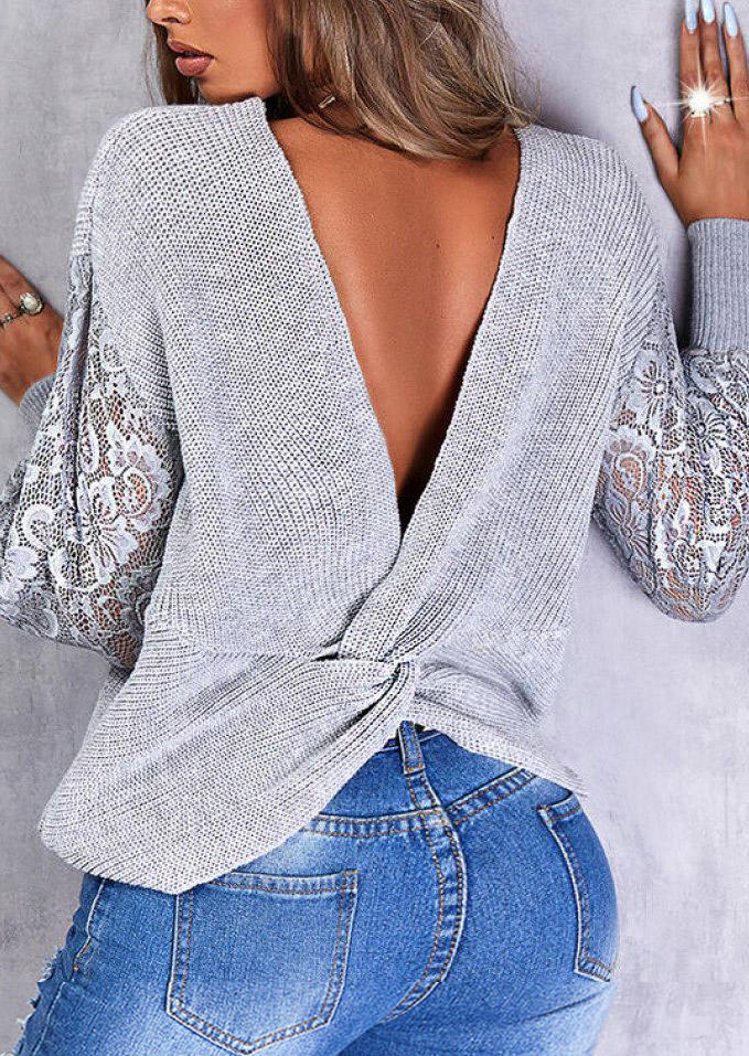 

Lace Splicing Twist Open Back Sweater - Light Grey, Gray, SCM007536