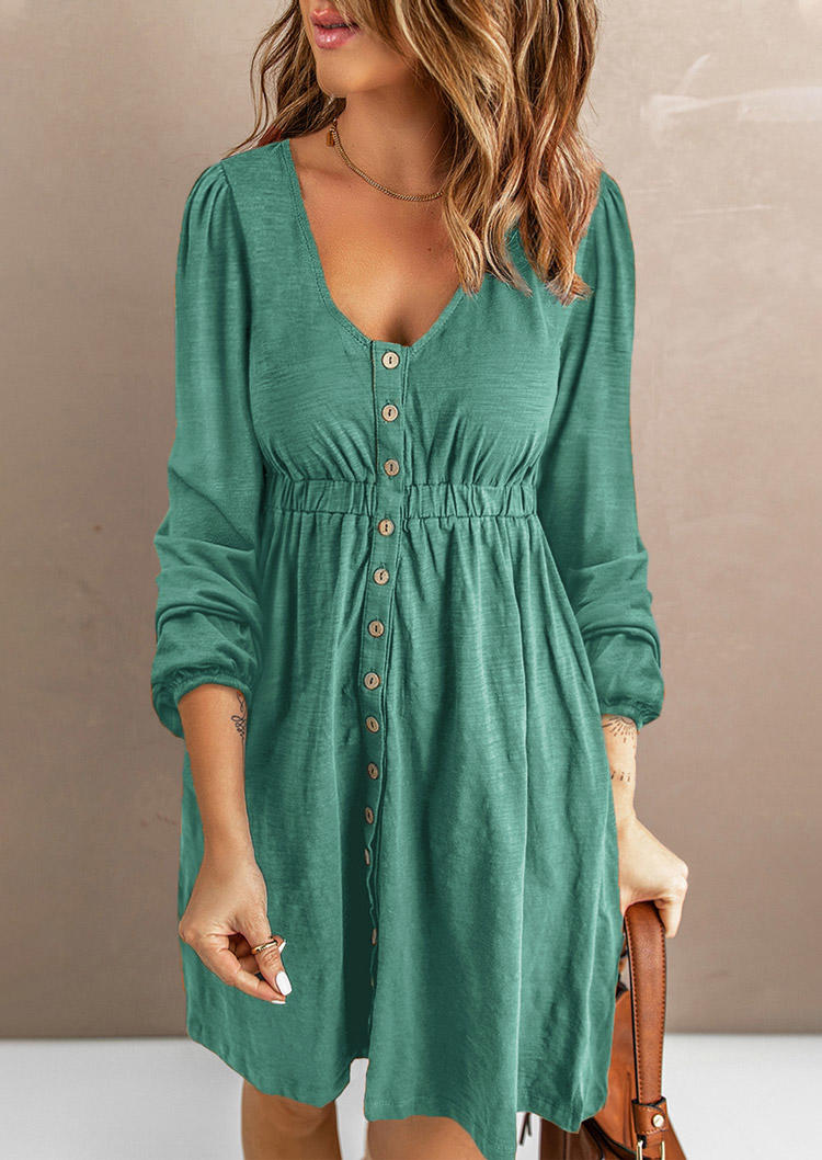 

Button Long Sleeve Mini Dress - Green, SCM007569