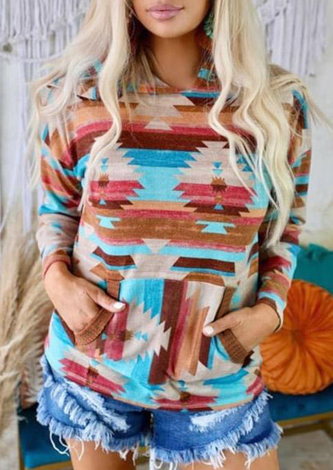 

Aztec Geometric Kangaroo Pocket Hoodie, Multicolor, SCM007613