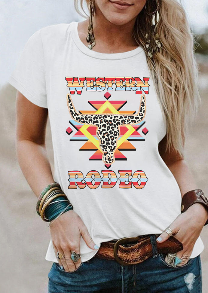 Western Rodeo Aztec Geometric Steer Skull Leopard T-Shirt Tee - White