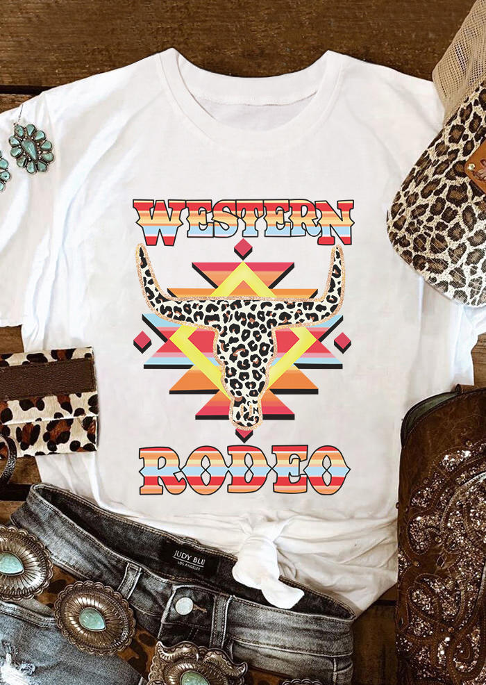 

Western Rodeo Aztec Geometric Steer Skull Leopard T-Shirt Tee - White, SCM007624