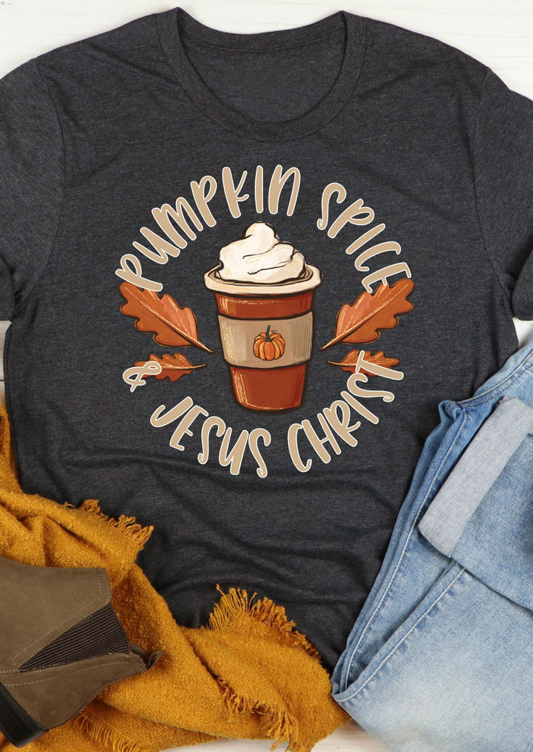 Pumpkin Spice & Jesus Christ Leaf O-Neck T-Shirt Tee - Dark Grey