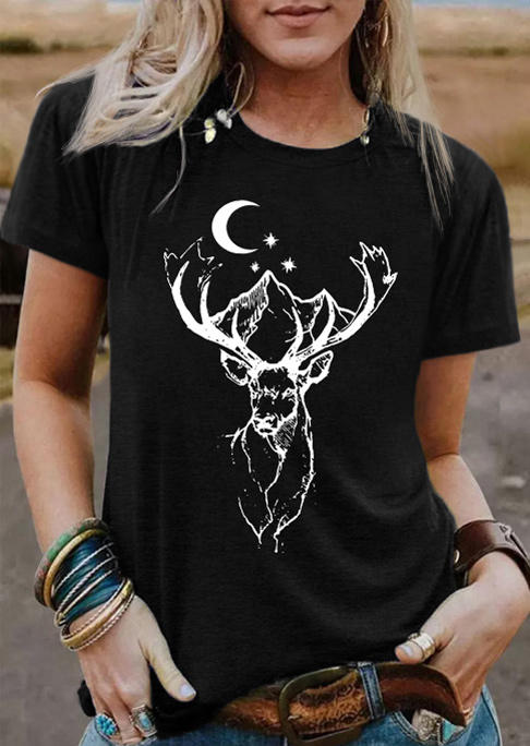 

Mountain Moon Star Deer O-Neck T-Shirt Tee - Black, SCM007691