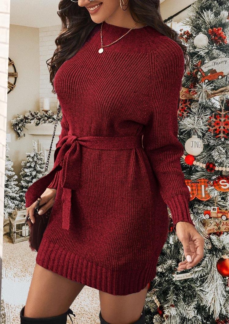 

Long Sleeve O-Neck Sweater Dress With Belt - Burgundy, Red, SCM007737