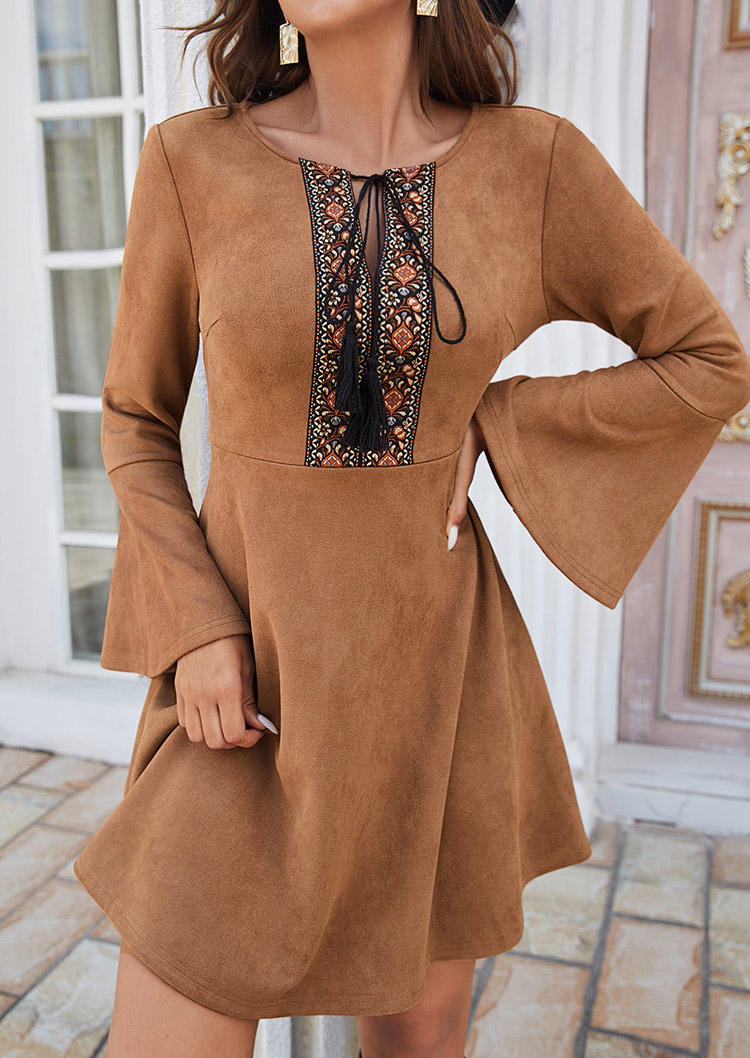 

Ethnic Hollow Out Tie Flare Sleeve Mini Dress - Khaki, SCM007842