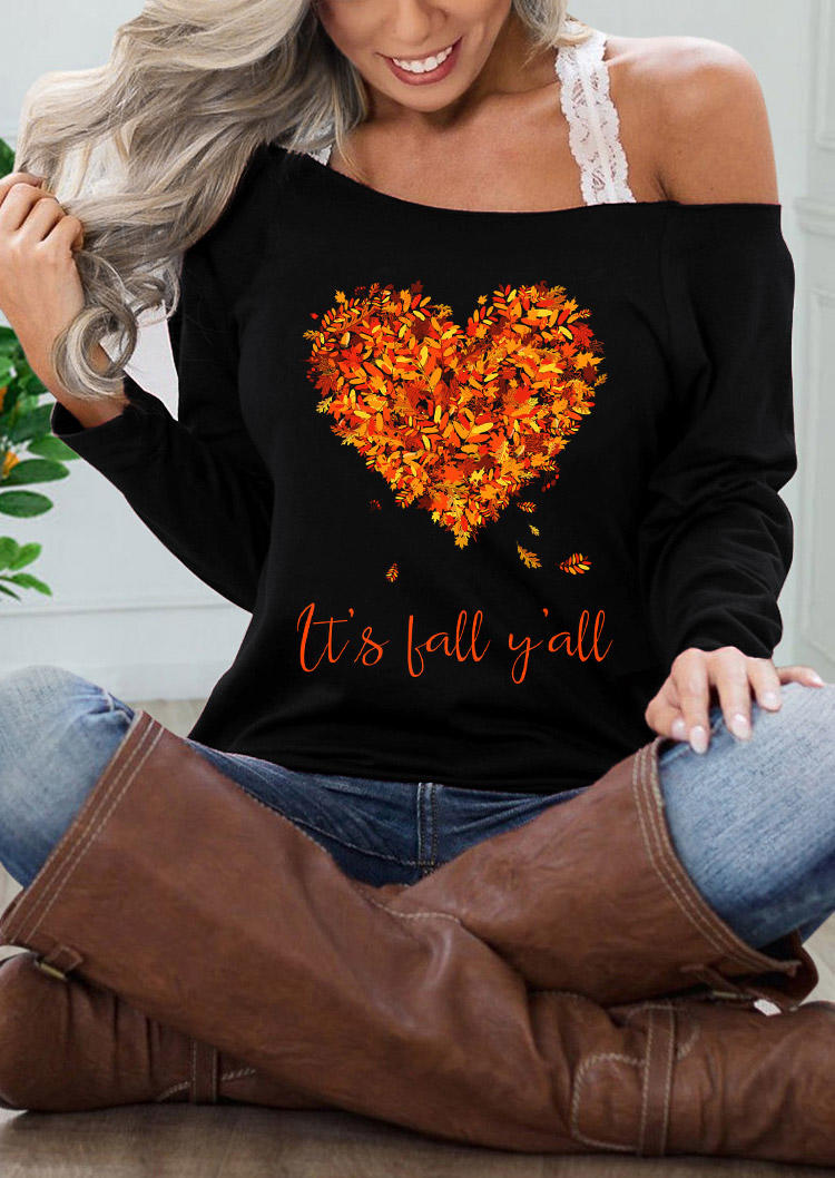 

It' Fall Y'all Maple Leaf Sweatshirt without Lace Camisole - Black, SCM007859