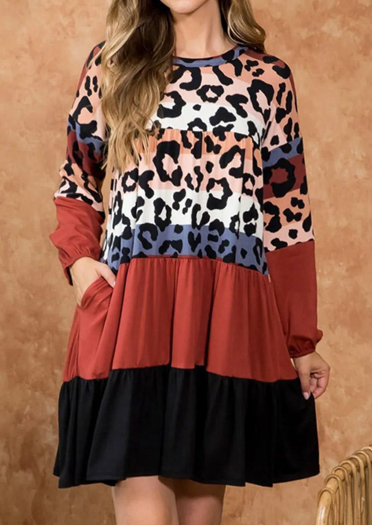 

Leopard Color Block Ruffled Pocket Mini Dress, Multicolor, SCM007922