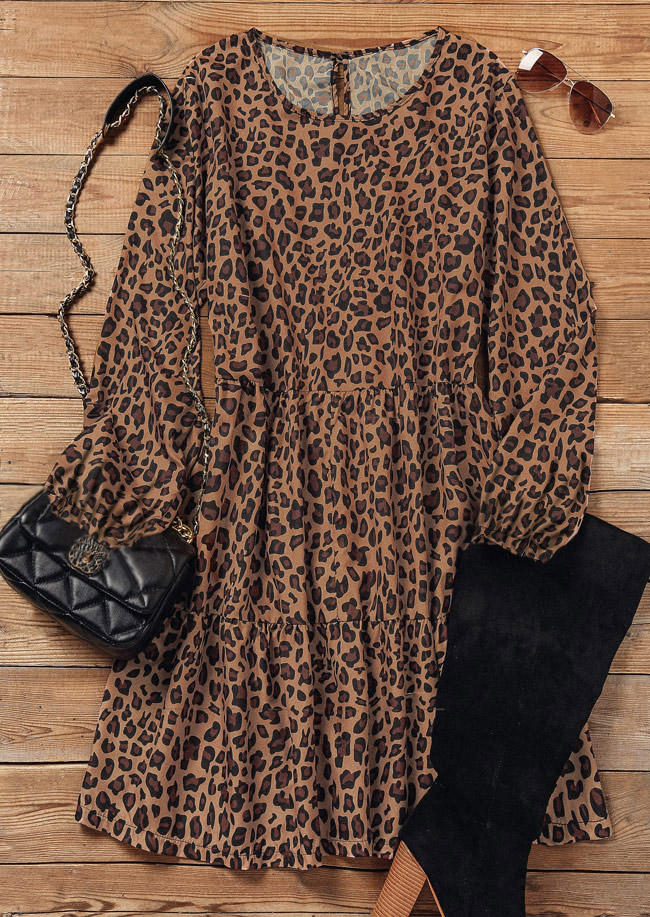 Leopard Ruffled Button Long Sleeve Mini Dress