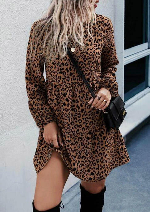 Leopard Ruffled Button Long Sleeve Mini Dress
