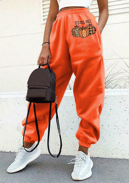 It's Fall Y'all Pumpkin Plaid Leopard Polka Dot Pocket Sweatpants - Orange