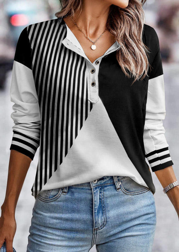 Striped Color Block Button Long Sleeve Blouse - Black