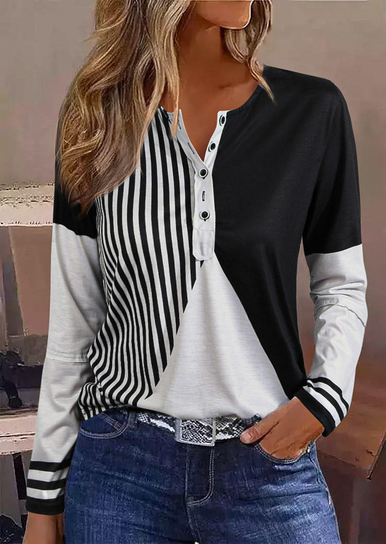 

Striped Color Block Button Long Sleeve Blouse - Black, SCM006780
