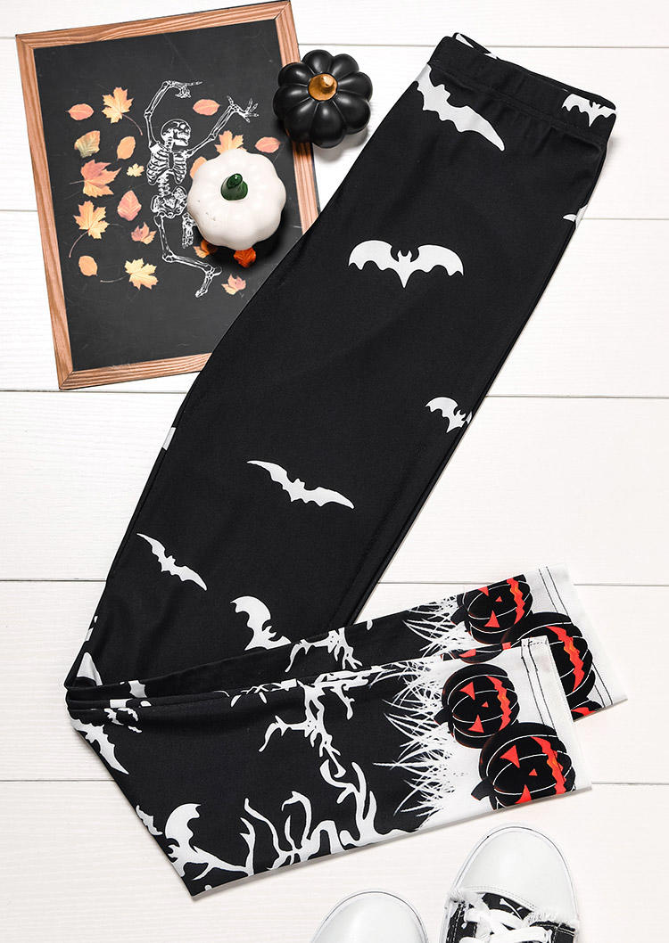 Halloween Pumpkin Face Bat Leggings - Black