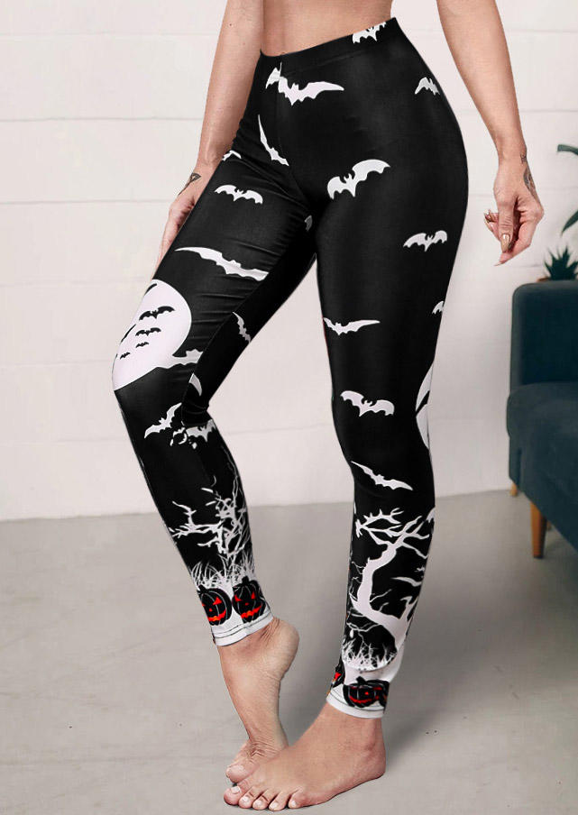 

Halloween Pumpkin Face Bat Leggings - Black, SCM006896