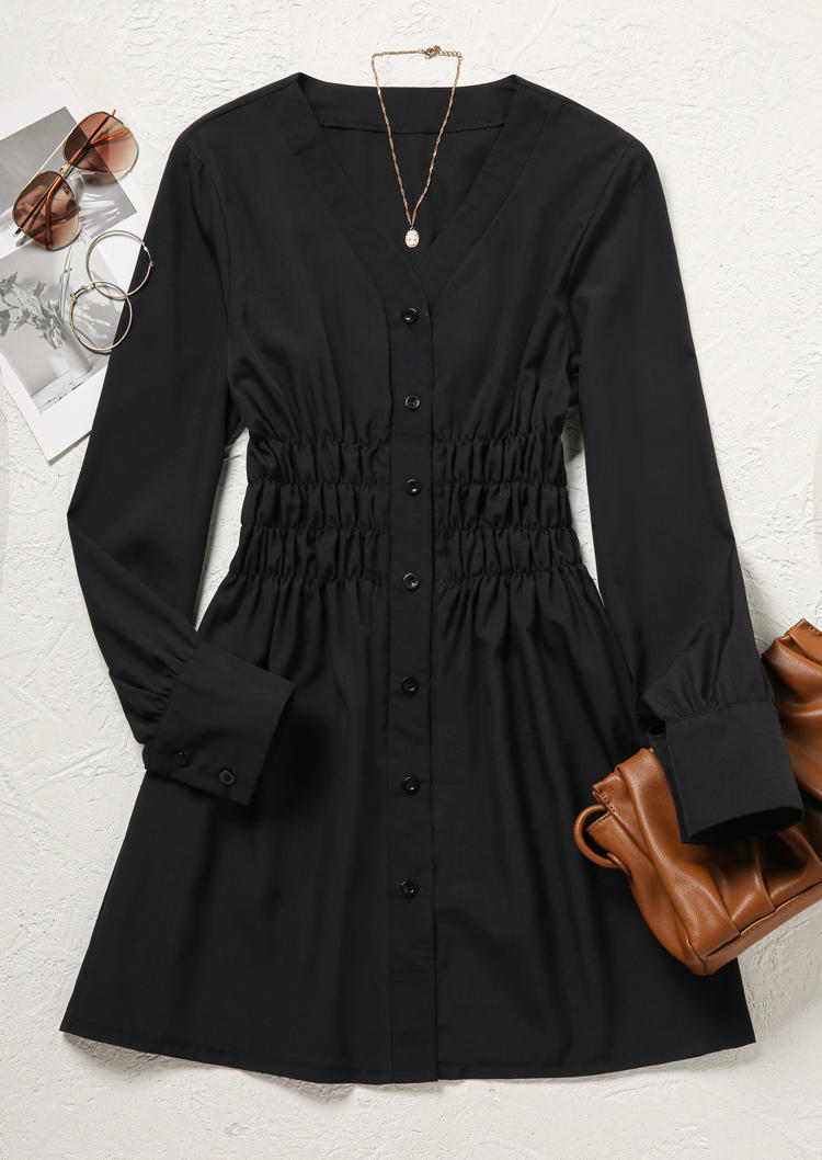 Smocked Button Long Sleeve V-Neck Mini Dress - Black