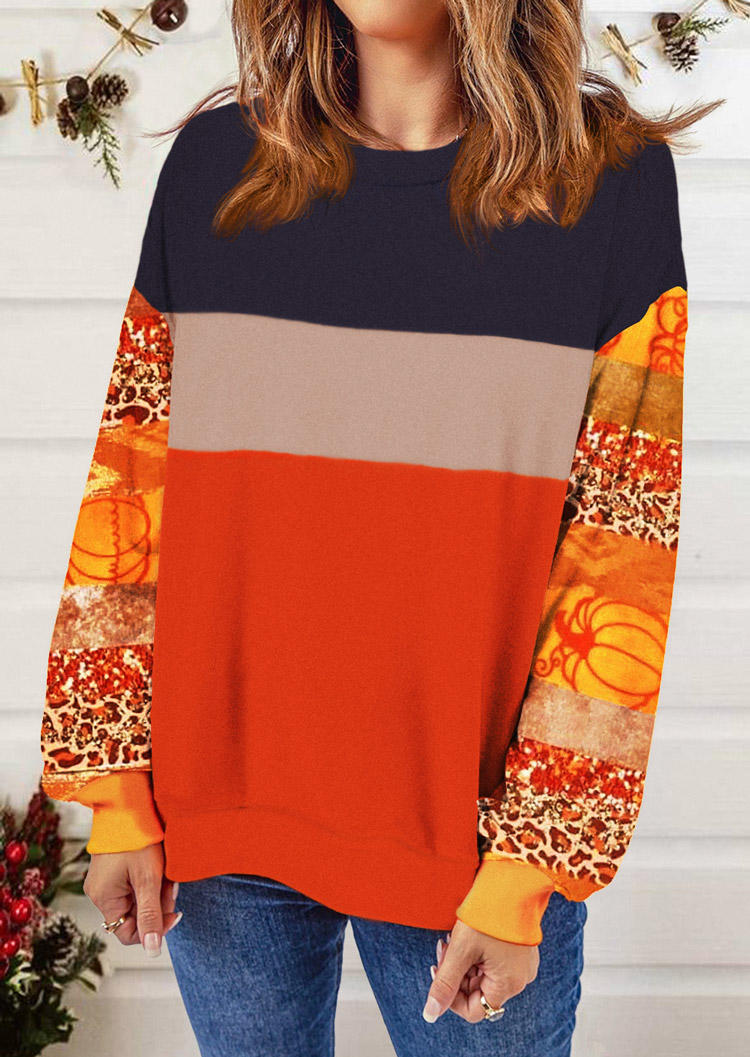 

Leopard Pumpkin Color Block Pullover Sweatshirt, Multicolor, SCM006990