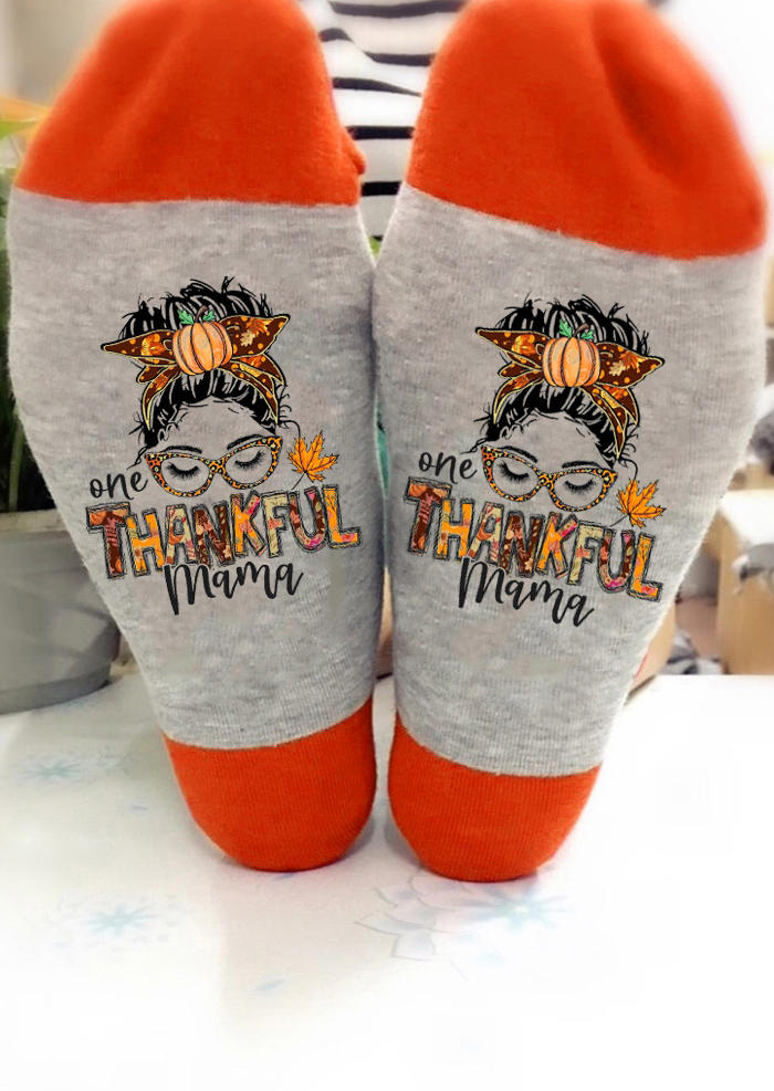 

One Thankful Mama Pumpkin Maple Leaf Crew Socks - Gray, SCM007125