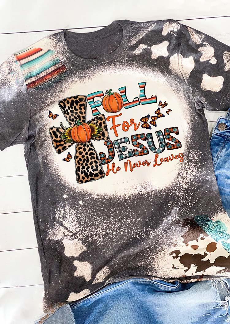 

Fall For Jesus He Never Leaves Leopard Cross Pumpkin T-Shirt Tee, Multicolor, SCM007127