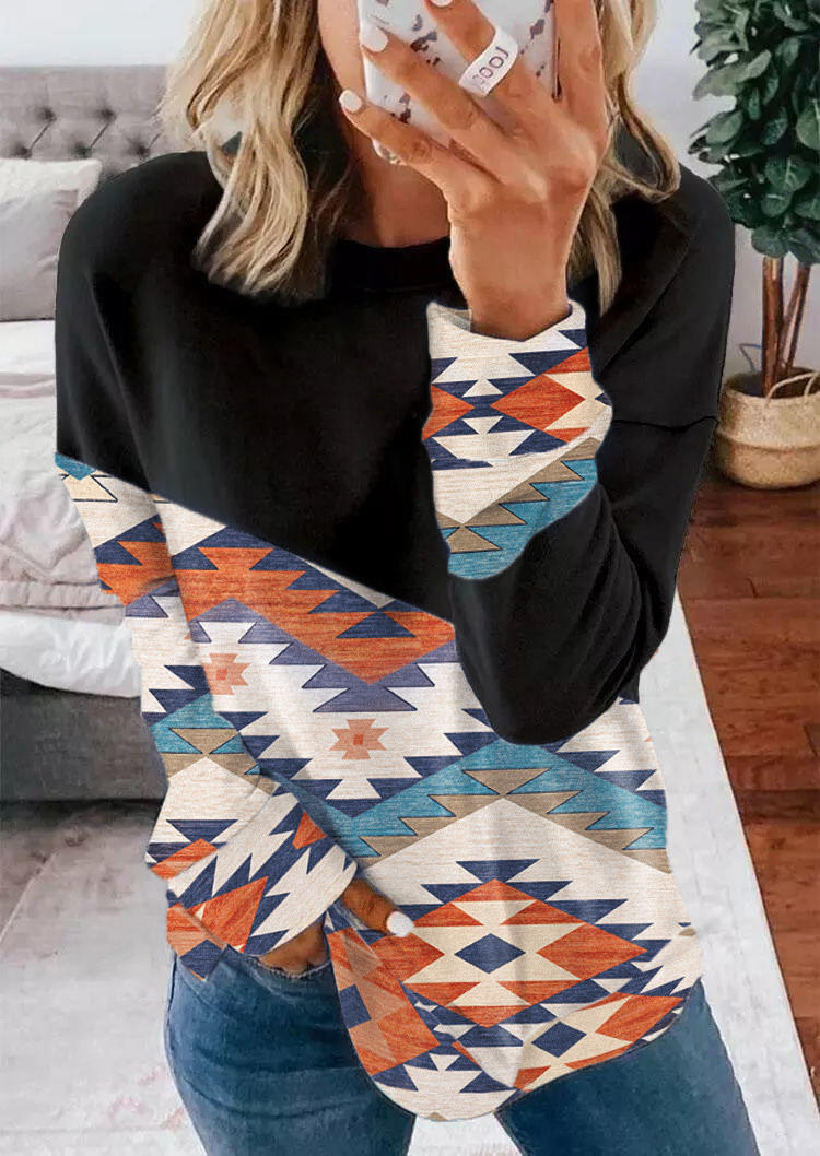 

Aztec Geometric Long Sleeve Pullover Sweatshirt, Multicolor, SCM007163