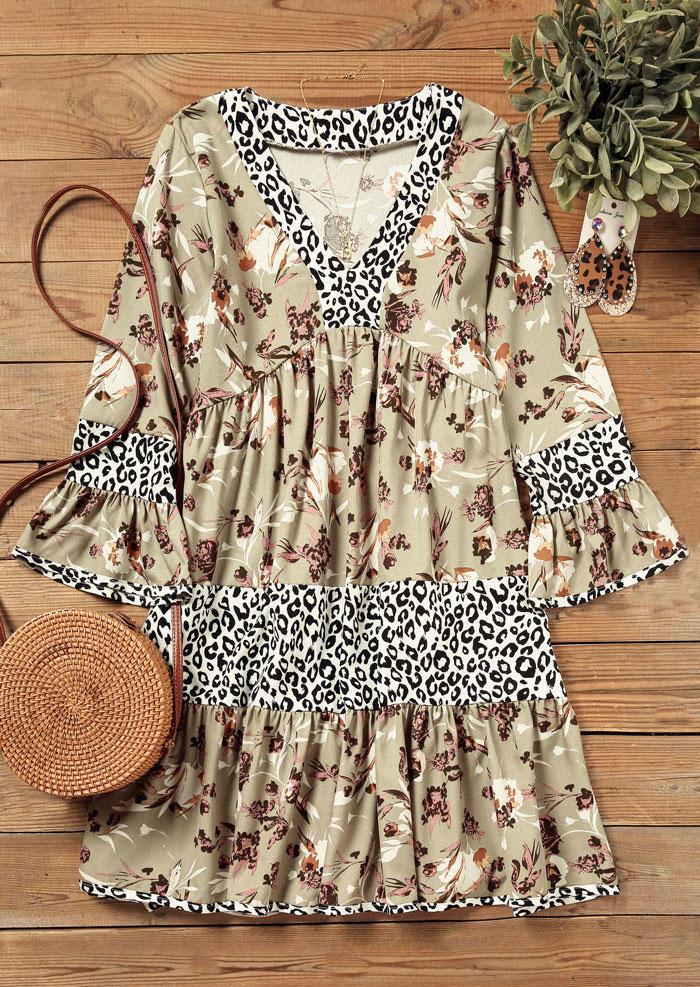 Floral Leopard Ruffled V-Neck Mini Dress