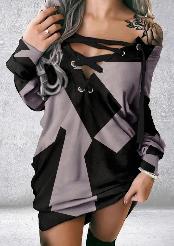 

Color Block Geometric Lace Up Sweatshirt Mini Dress, Multicolor, SCM007216