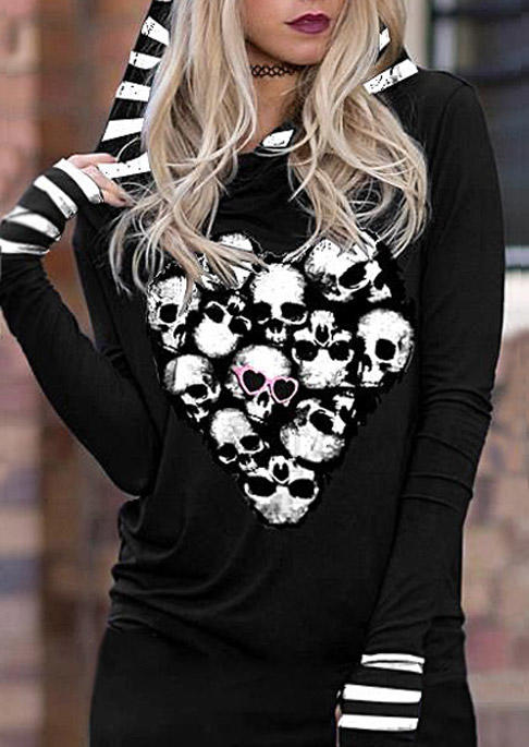 Halloween Skull Striped Long Sleeve Hooded Mini Dress - Black